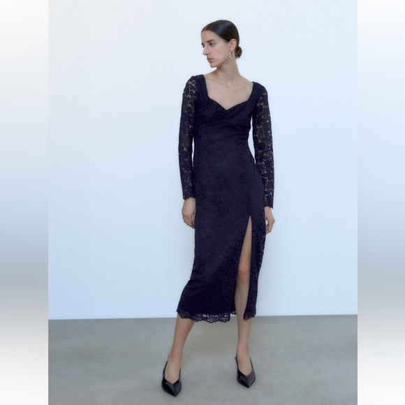 NWT ZARA LACE MIDI DRESS NAVY BLUE SIZE XS NWT - Picture 2 of 5